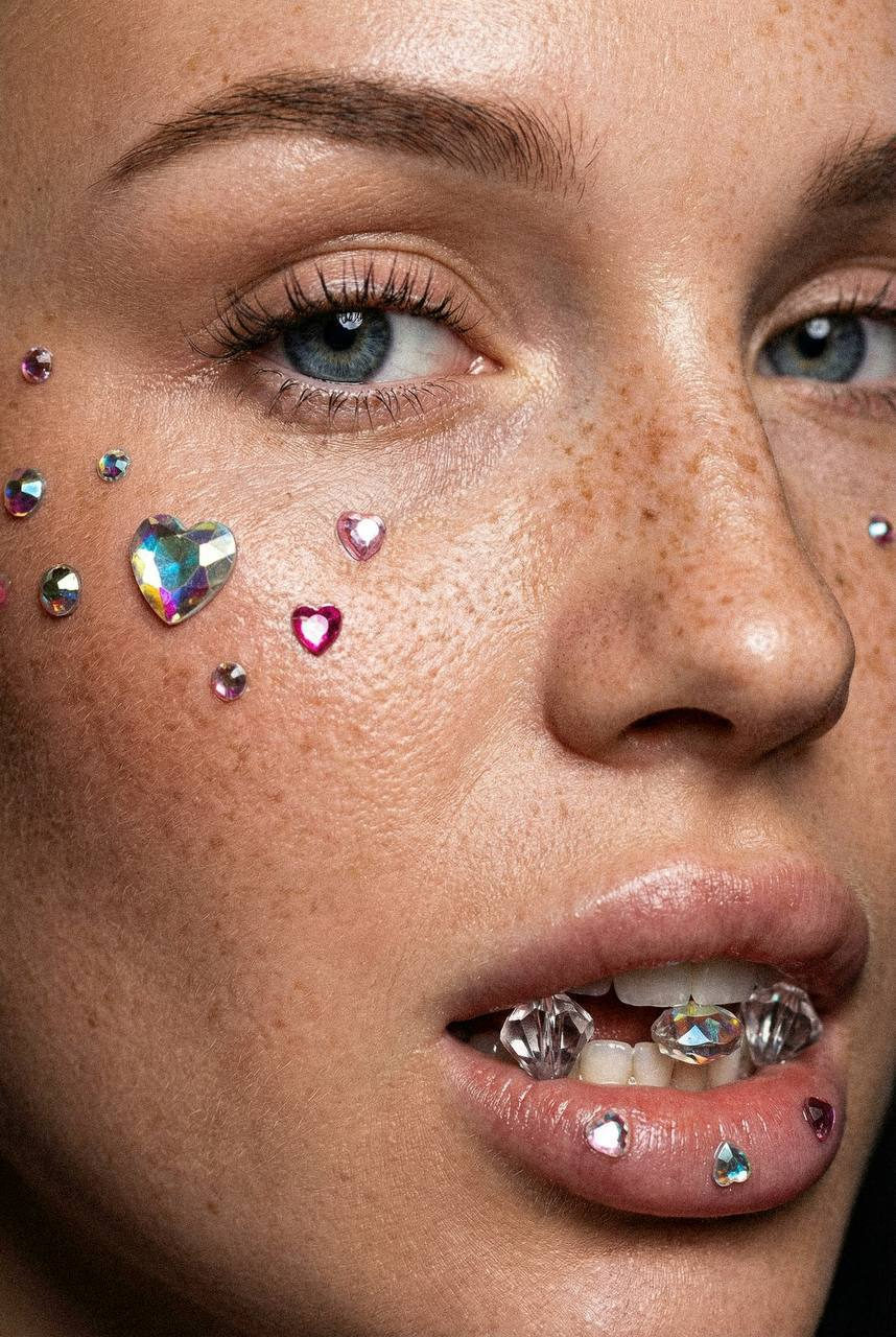 An extreme macro close-up of a person's face showing hyper-realistic skin texture, colorful gems around the eye, and glistening crystals inside the mouth.