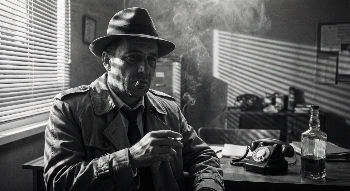 A man in a fedora and trench coat poses with sliced light casting deep shadows in a grainy noir setting.