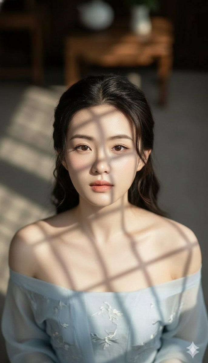 An overhead shot of a woman with porcelain skin, soft lighting, and intricate shadows playing on her features.