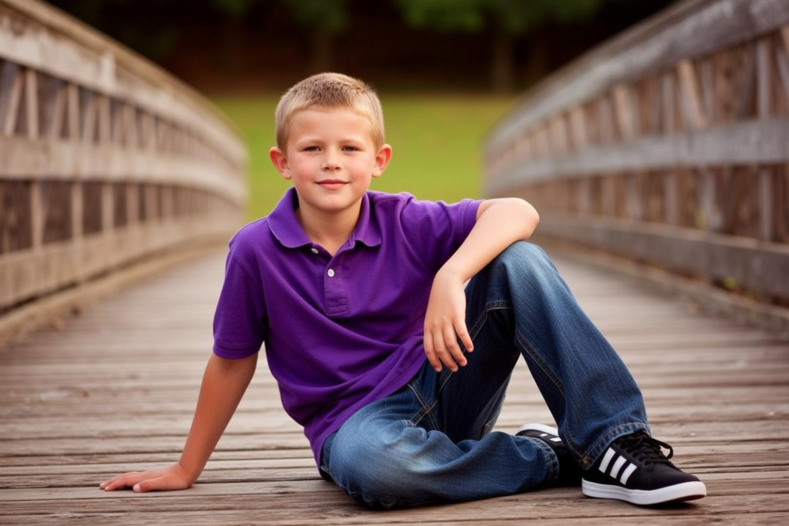 Explore Young Boy Sitting Wooden Boardwalk His