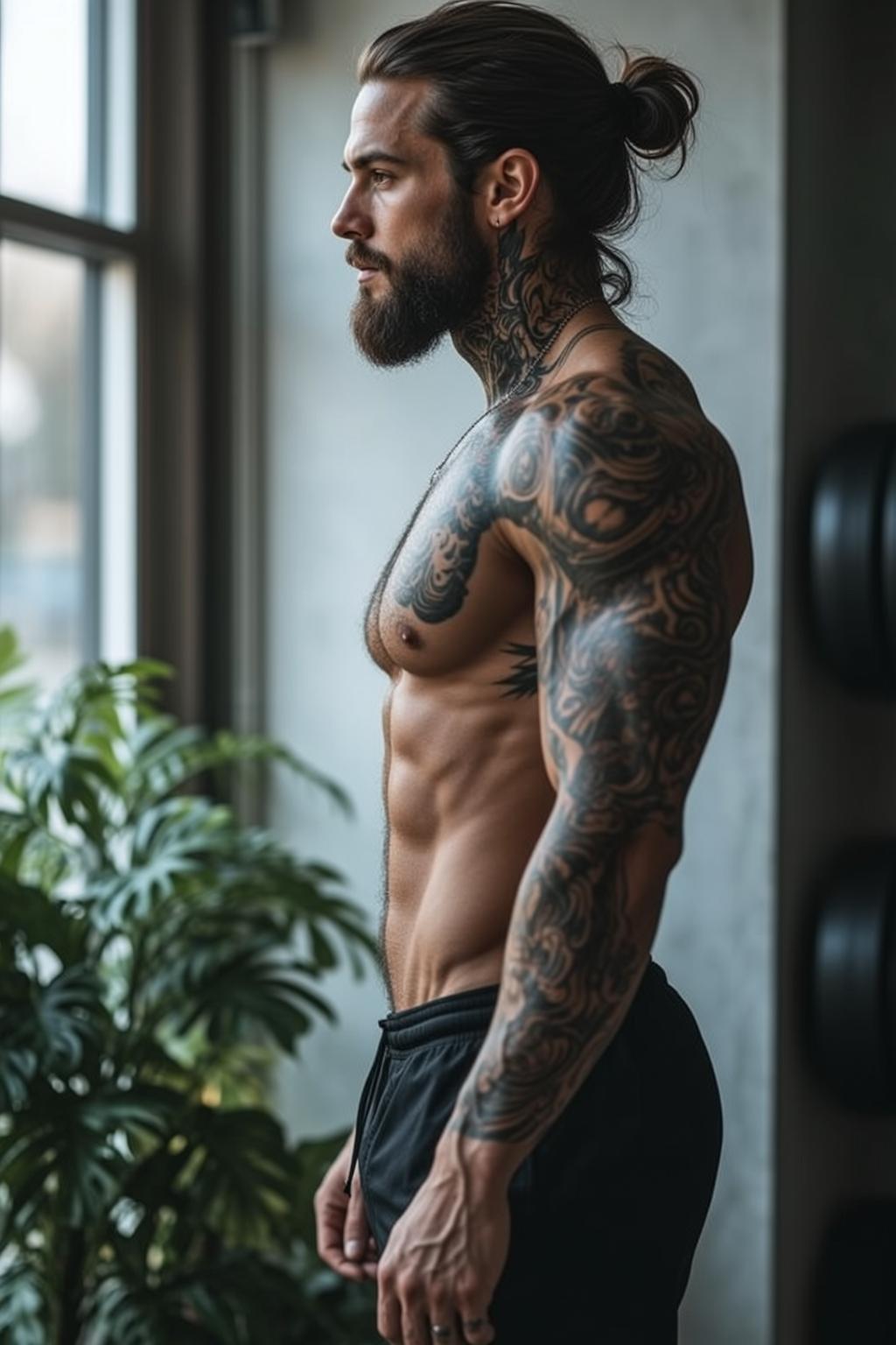 Muscular Beard Long Hair Tied Bun Dark