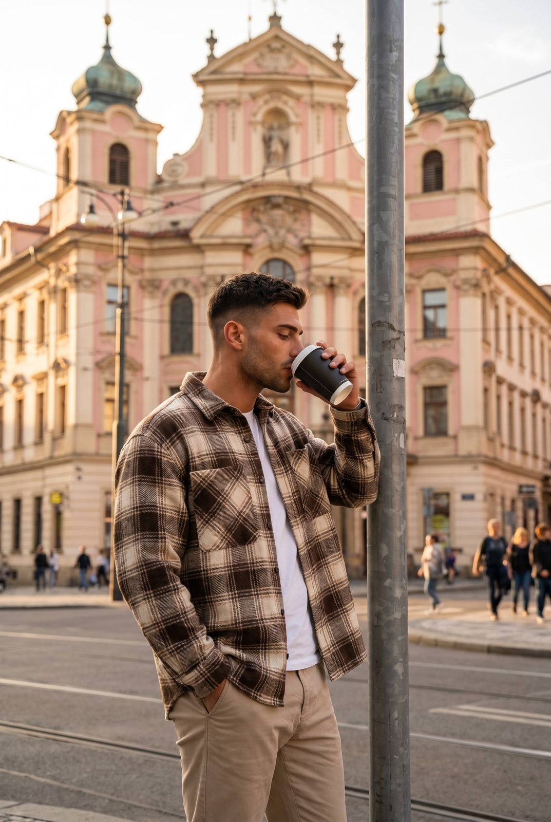 A man in a plaid flannel shirt sipping coffee against a city backdrop during golden hour.