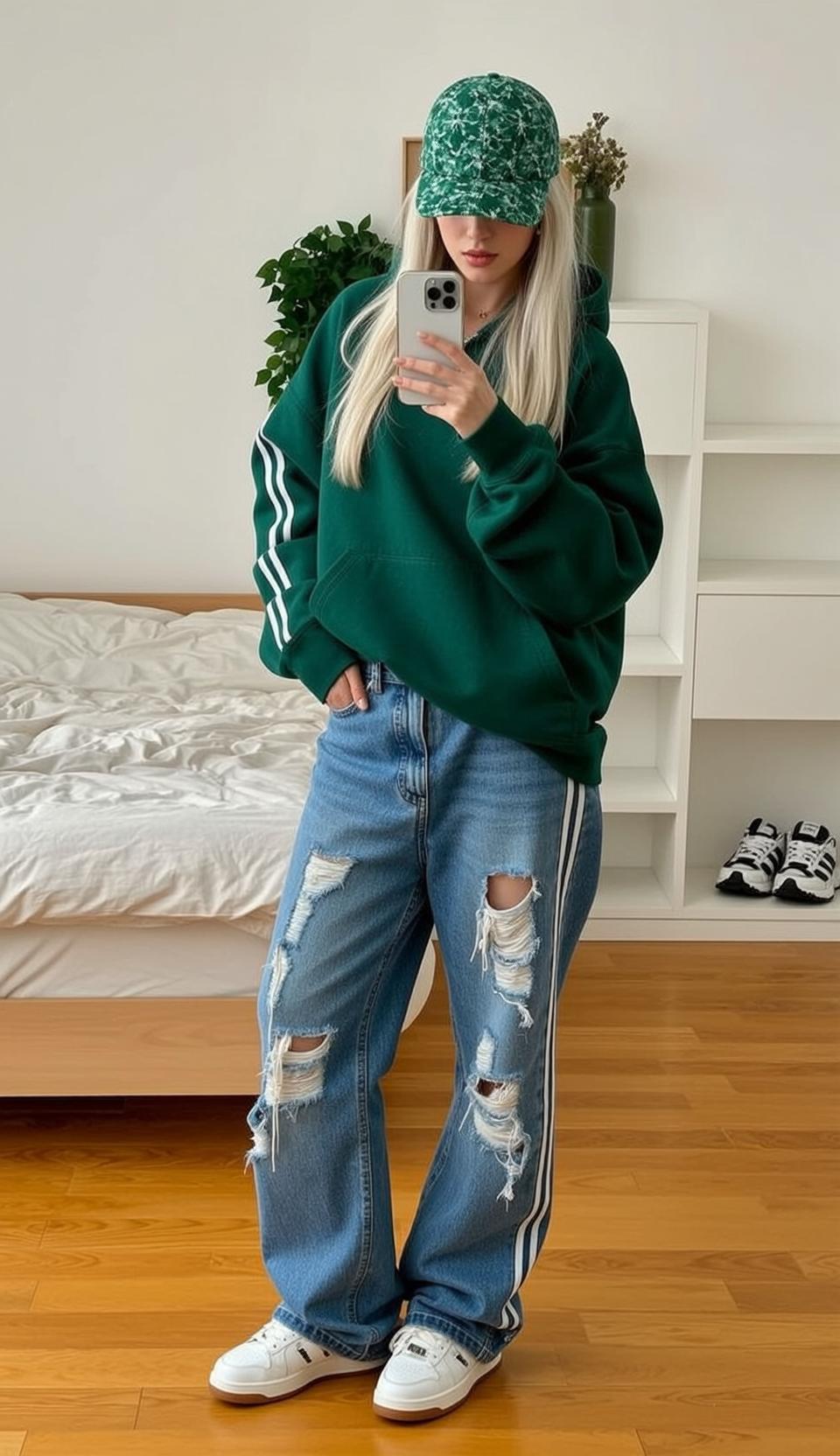 Green Hoodie Bedroom Selfie