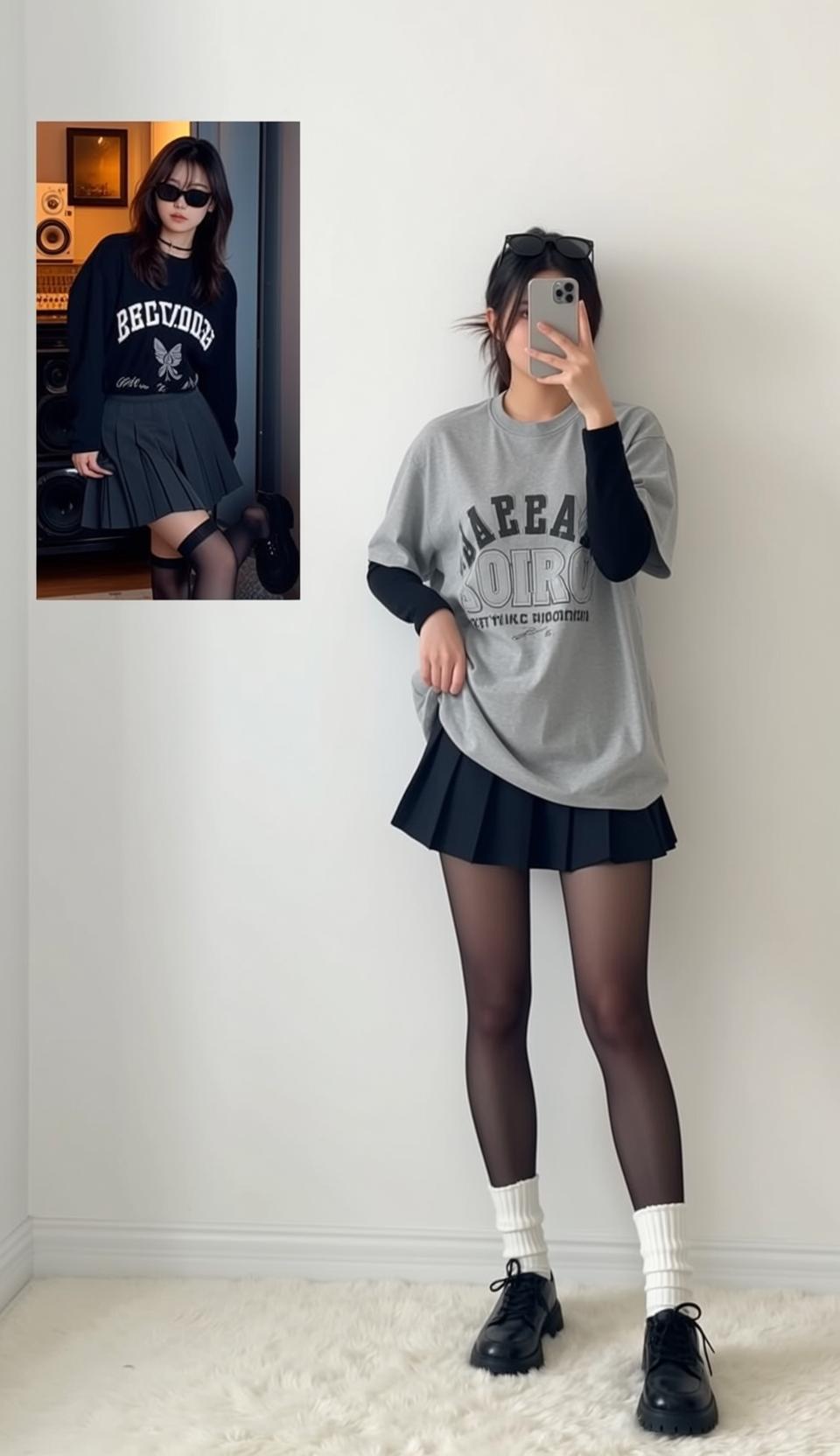Grey Tee and Pleated Mini Skirt