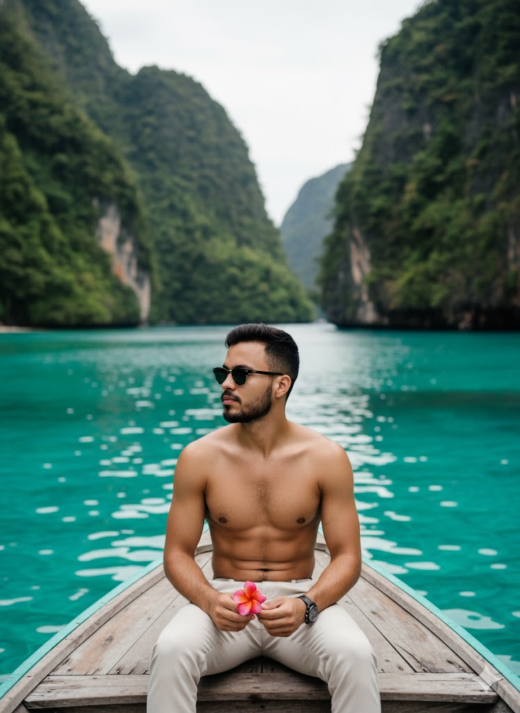 A hyper-realistic editorial portrait of a model holding a flower while sitting on a wooden boat in crystal-clear turquoise water.