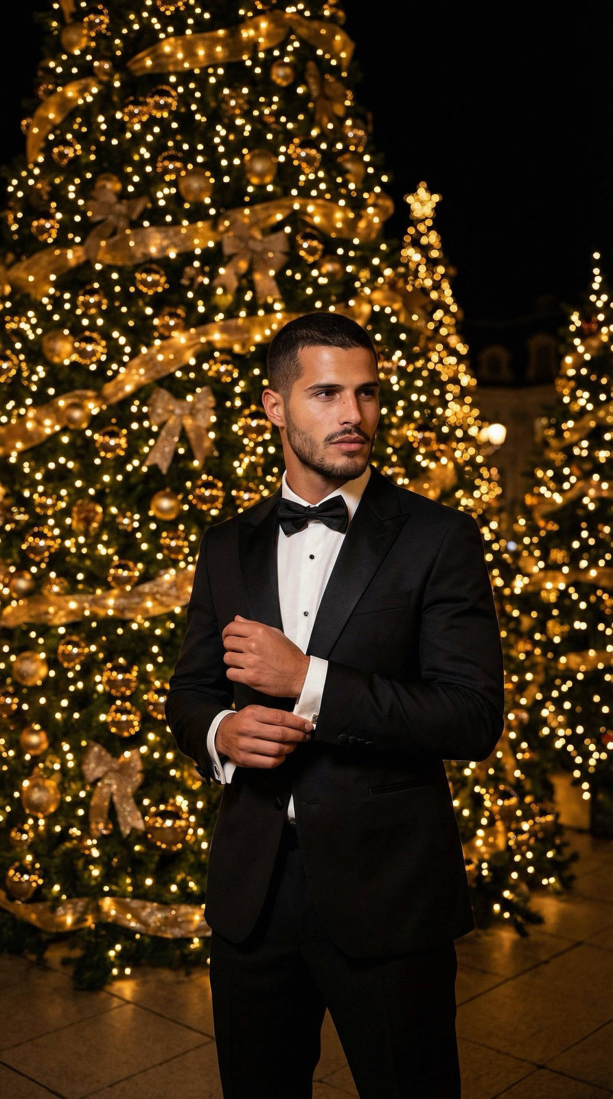 A polished man in a tuxedo stands in front of a beautifully decorated Christmas tree, illuminated by warm golden lights.