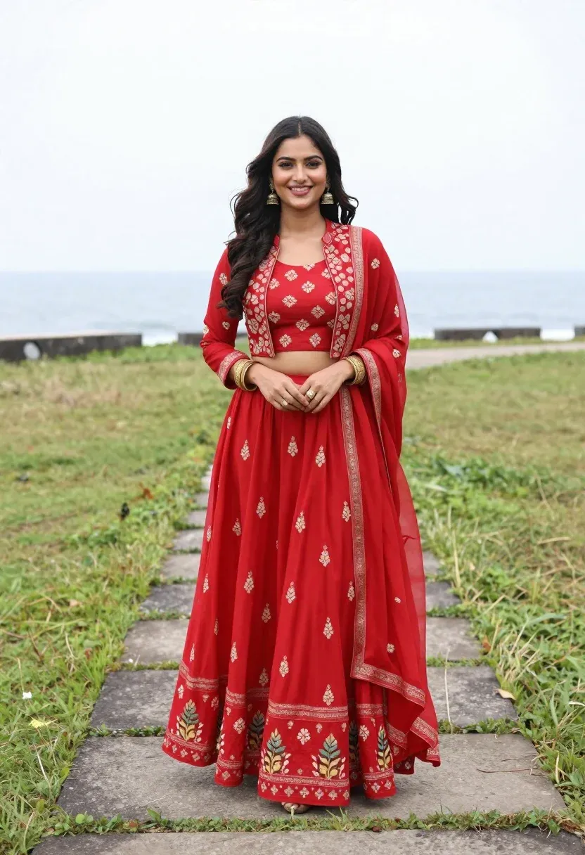 Smiling Woman With Long Dark Wavy Hair Stands Stone Pathway