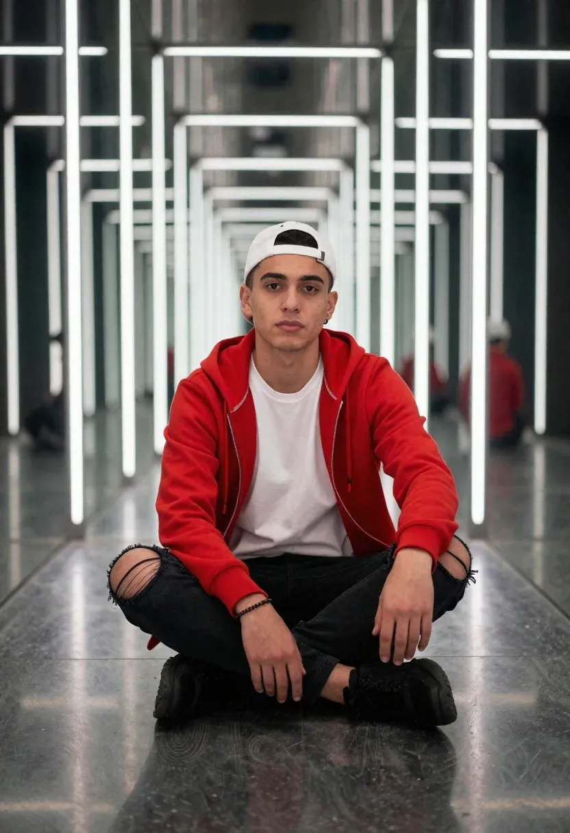 Young Man Sitting Cross-legged The Floor Futuristic Mirrored Corridor With