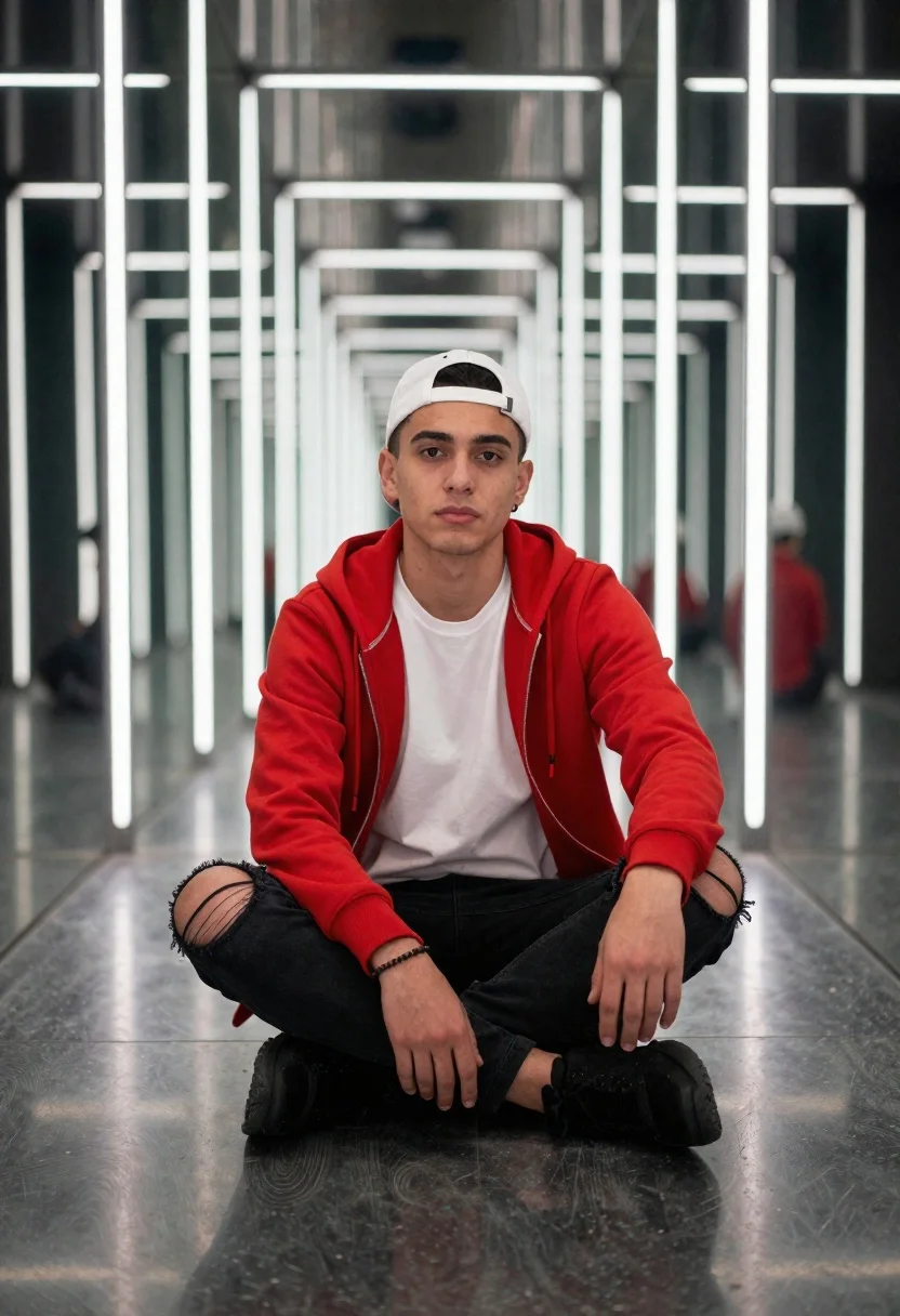 Young Man Sitting Cross-legged The Floor Futuristic Mirrored Corridor With reference photo