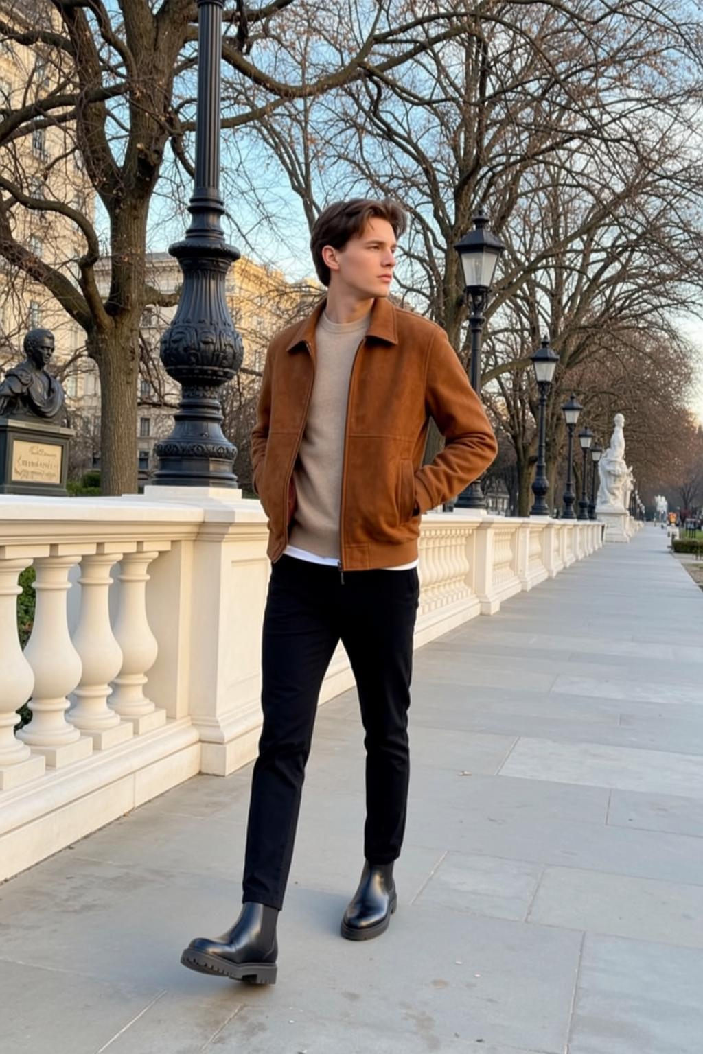 Young Brown Short Styled Fair Tan Crewneck