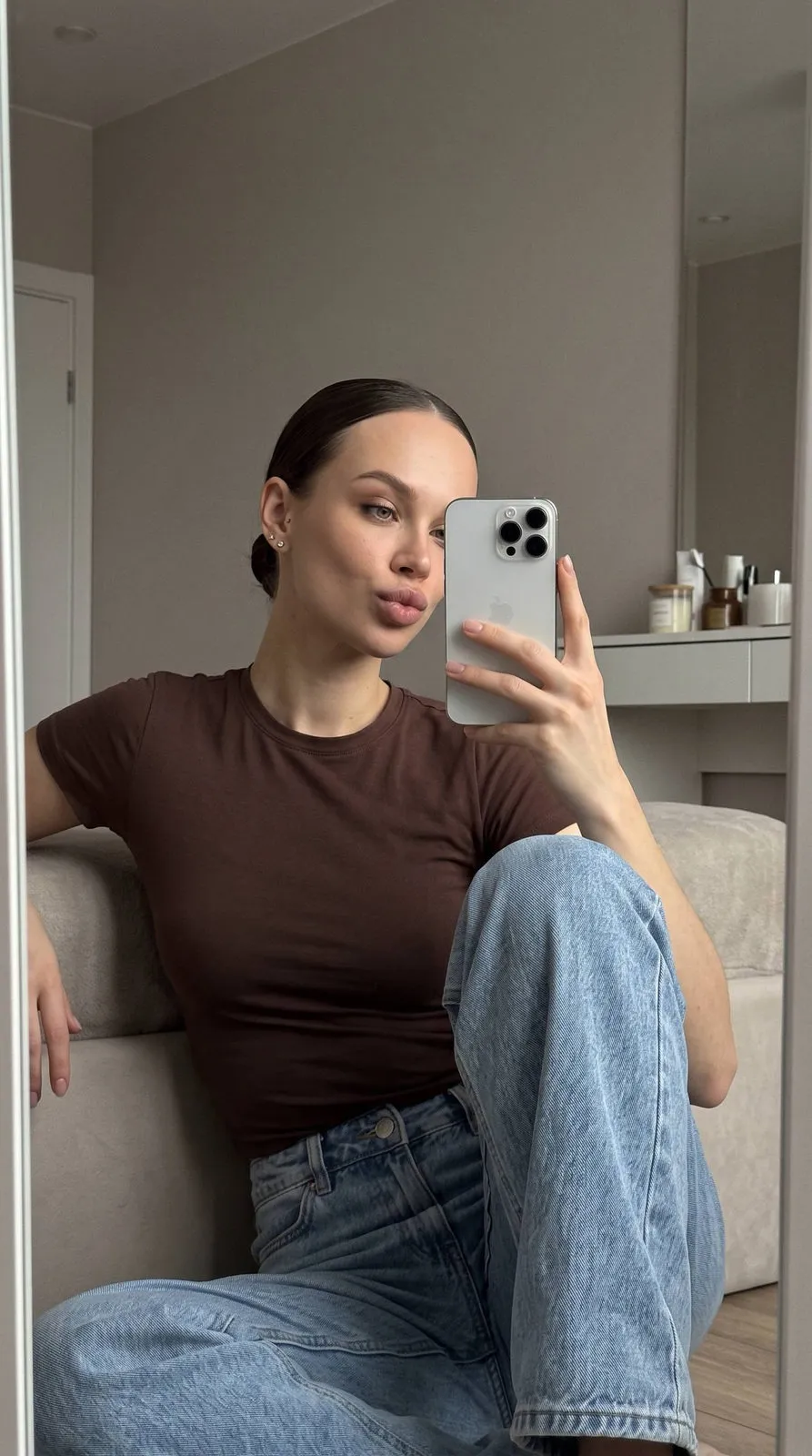 Iphone Mirror Selfie Young Woman Soft Muted Tones
