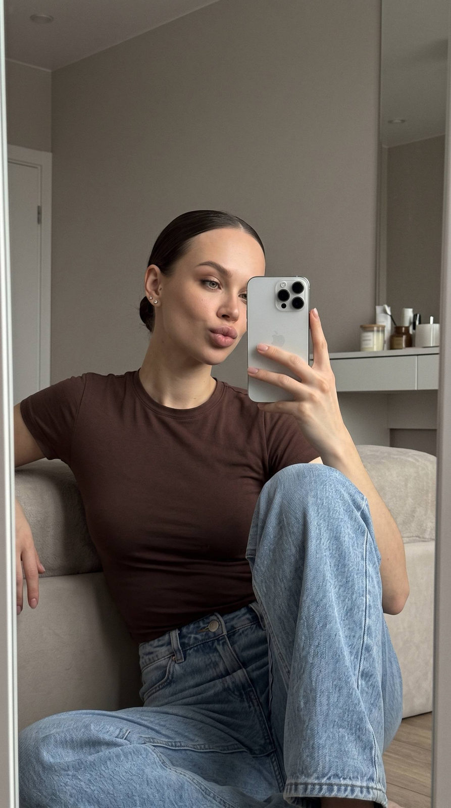 Iphone Mirror Selfie Young Woman Soft Muted Tones