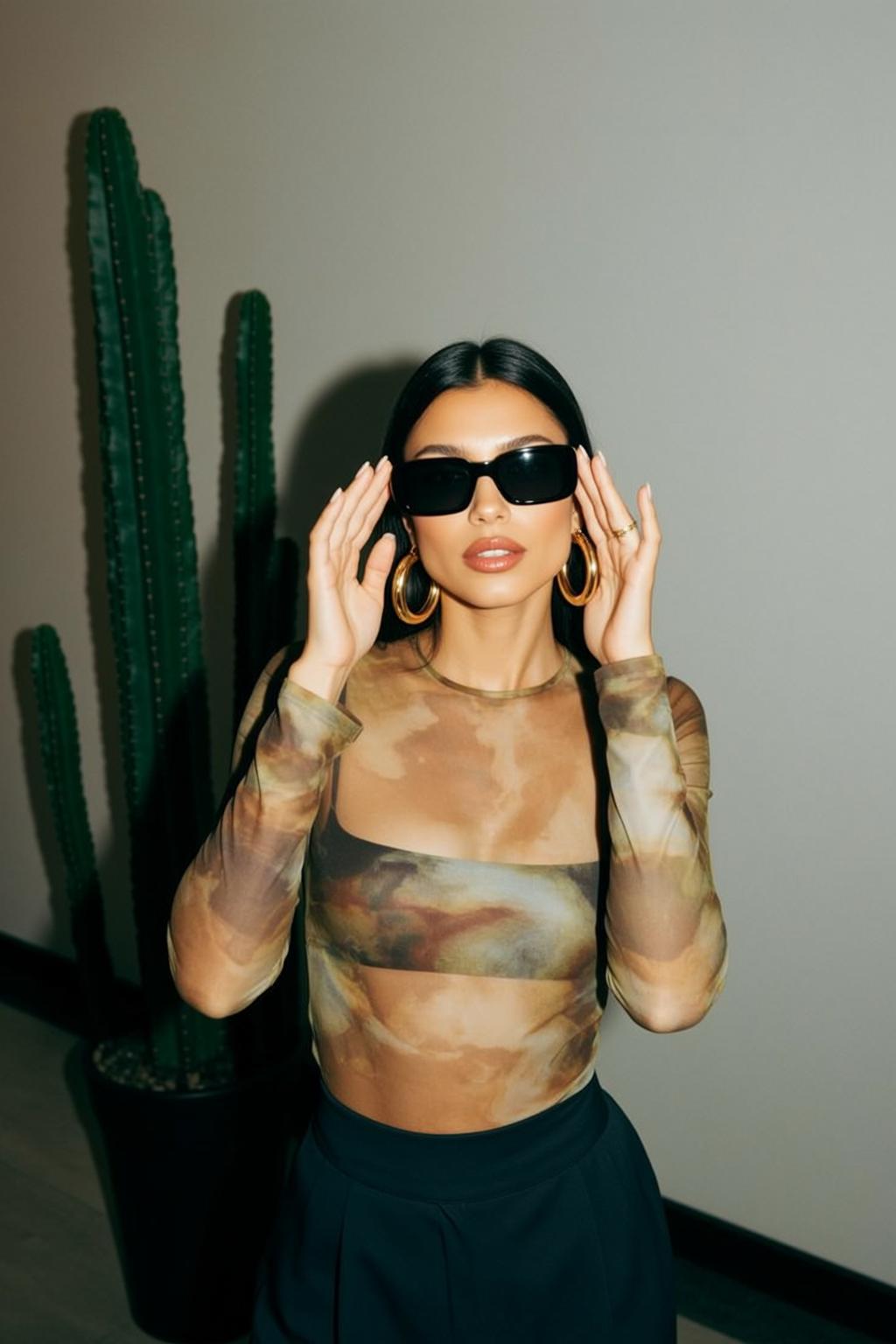 Sheer Mesh Top Gold Hoops