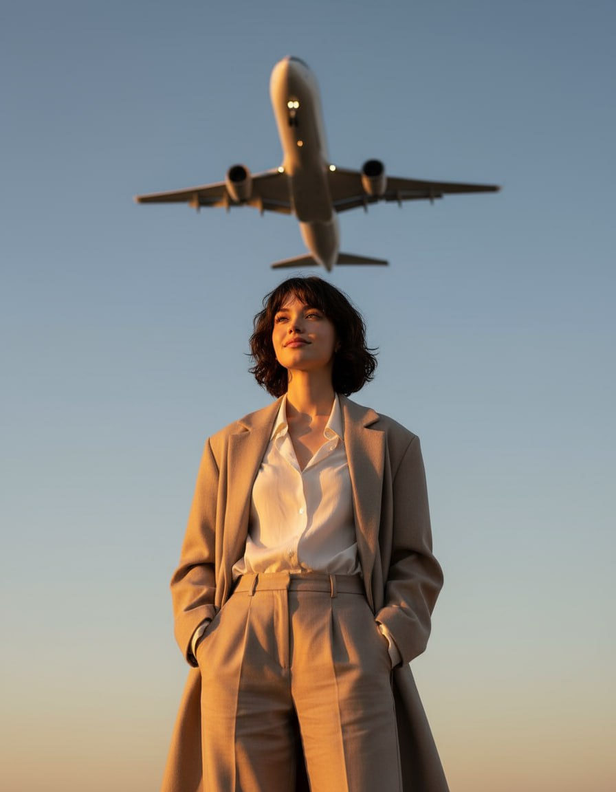 A woman in a stylish loose suit stands in open space as a passenger plane passes overhead under warm sunset lighting.