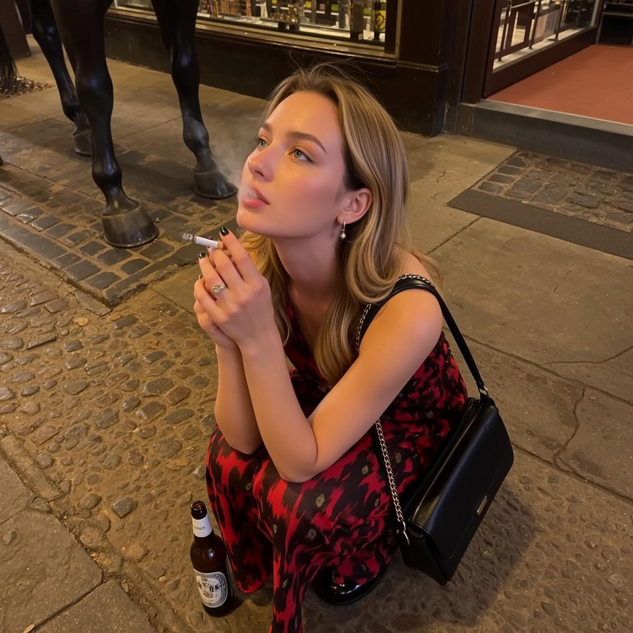 Explore Crouched Cobblestone Street Holding Lit Cigarette