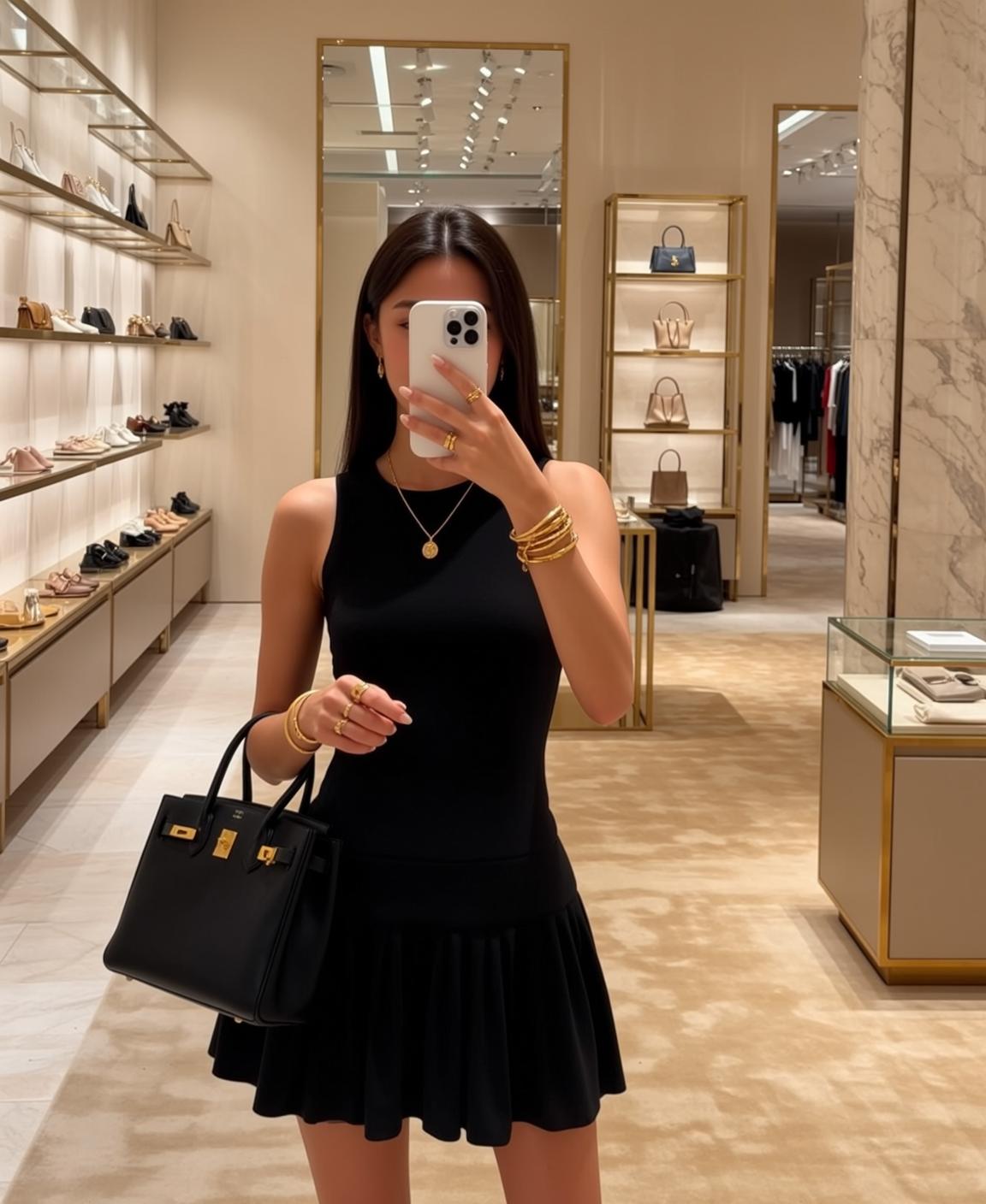 Black Pleated Dress Handbag Selfie