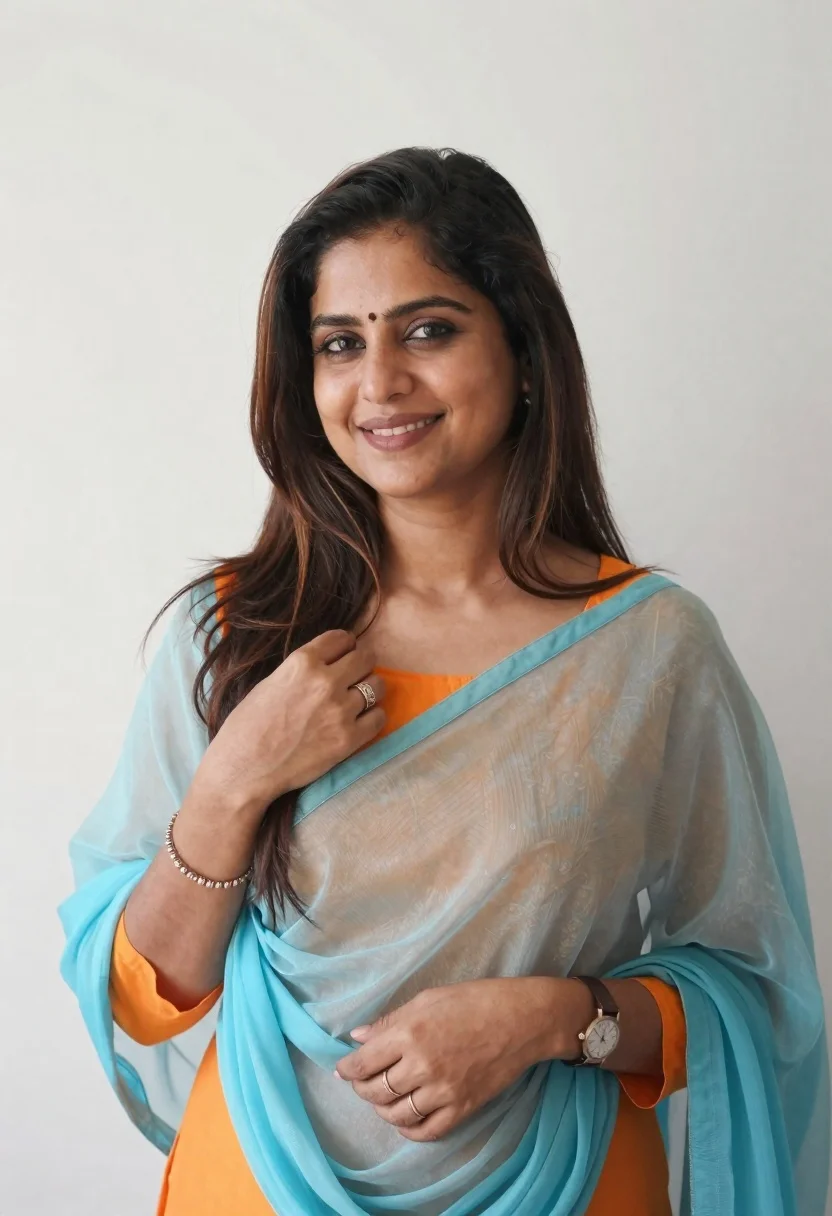 Smiling Woman With Long Dark Hair Featuring Subtle Highlights Stands reference photo