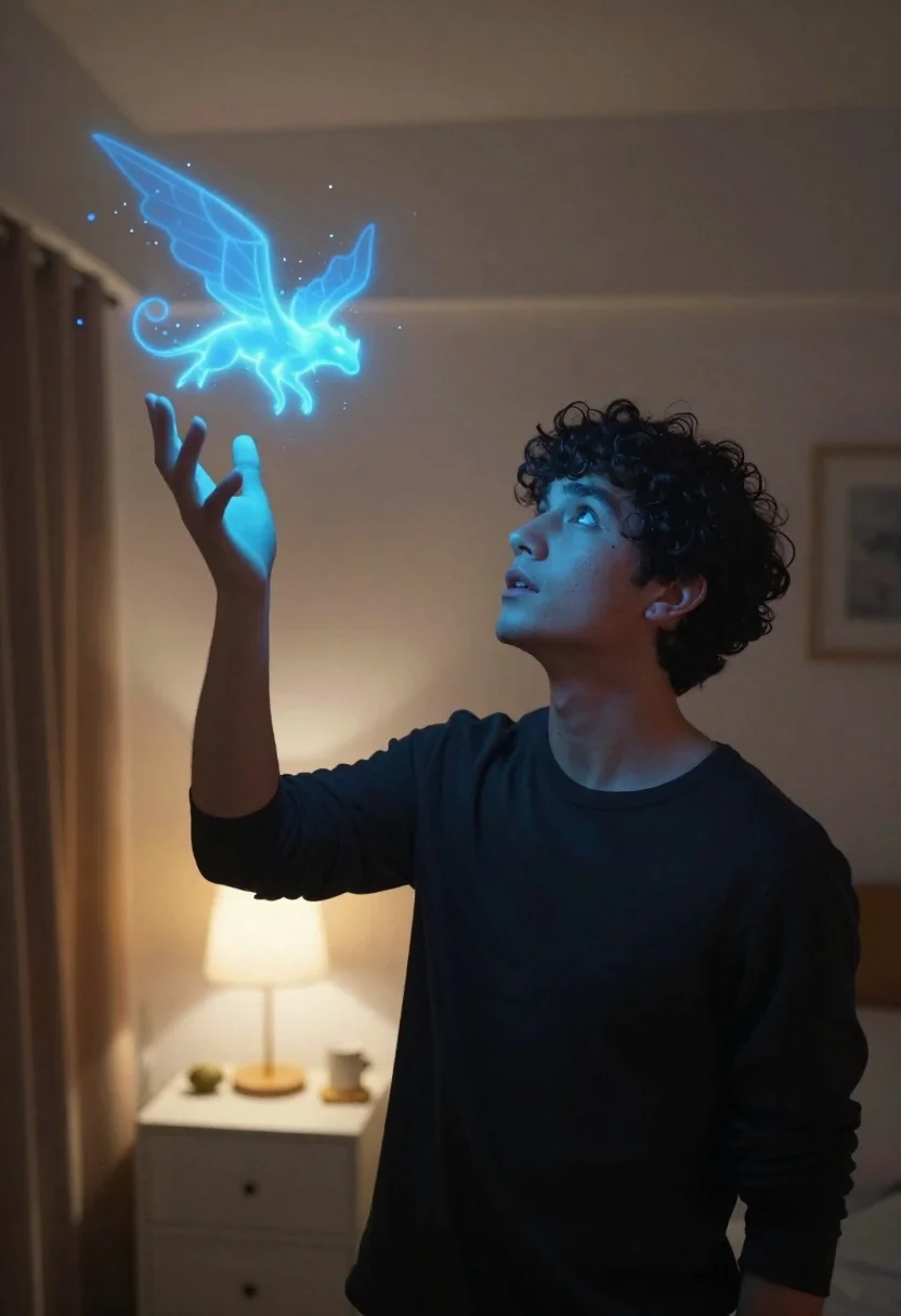 Young Man With Dark Curly Hair Stands Dimly Lit Bedroom
