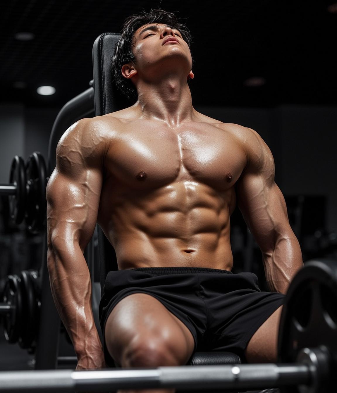 Muscular Dark Short Messy Tan Sweaty Black