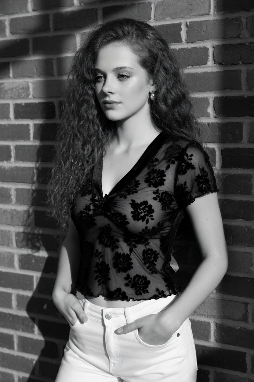 Sheer Black Burnout Floral Mesh Short Sleeve By Rustic Brick