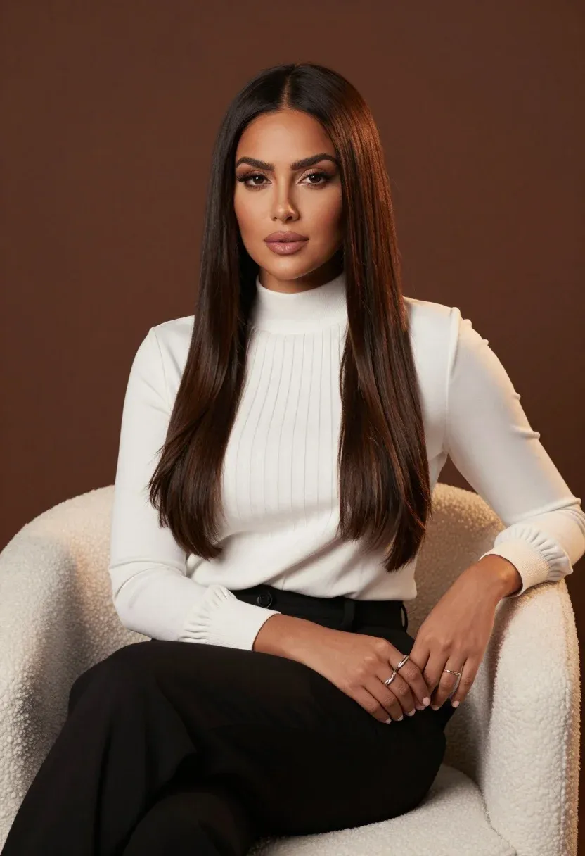 Confident Woman With Long Dark Hair Sits Plush White Armchair