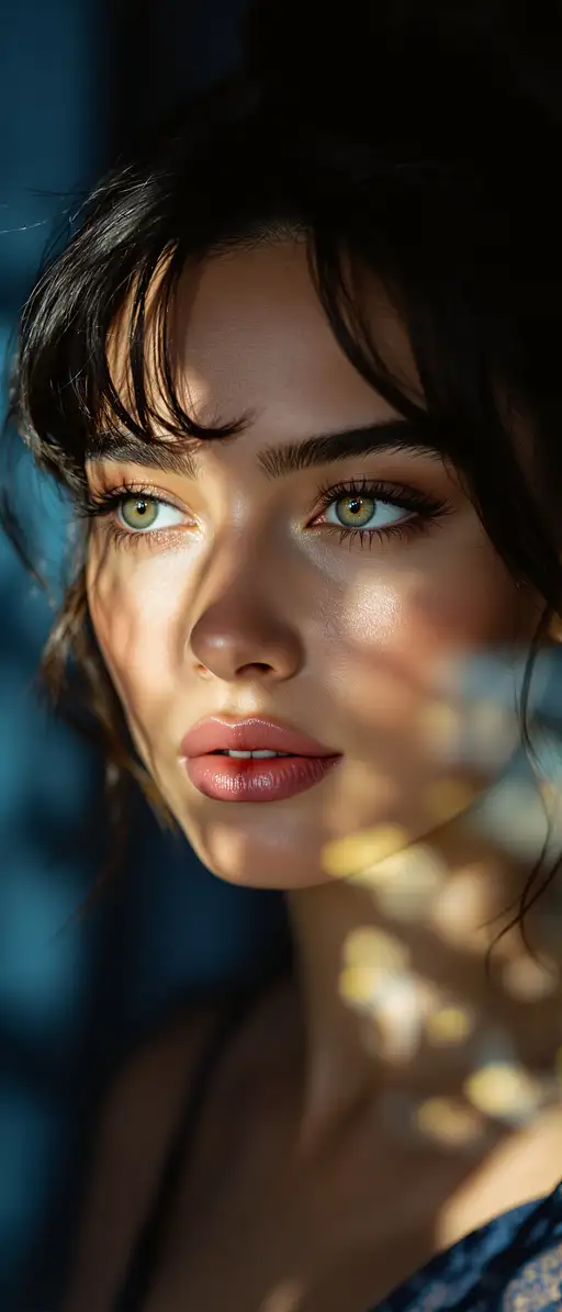 Close-up portrait of a supermodel with raven black hair and vivid green-silver eyes, soft pastel colors, Rembrandt lighting.