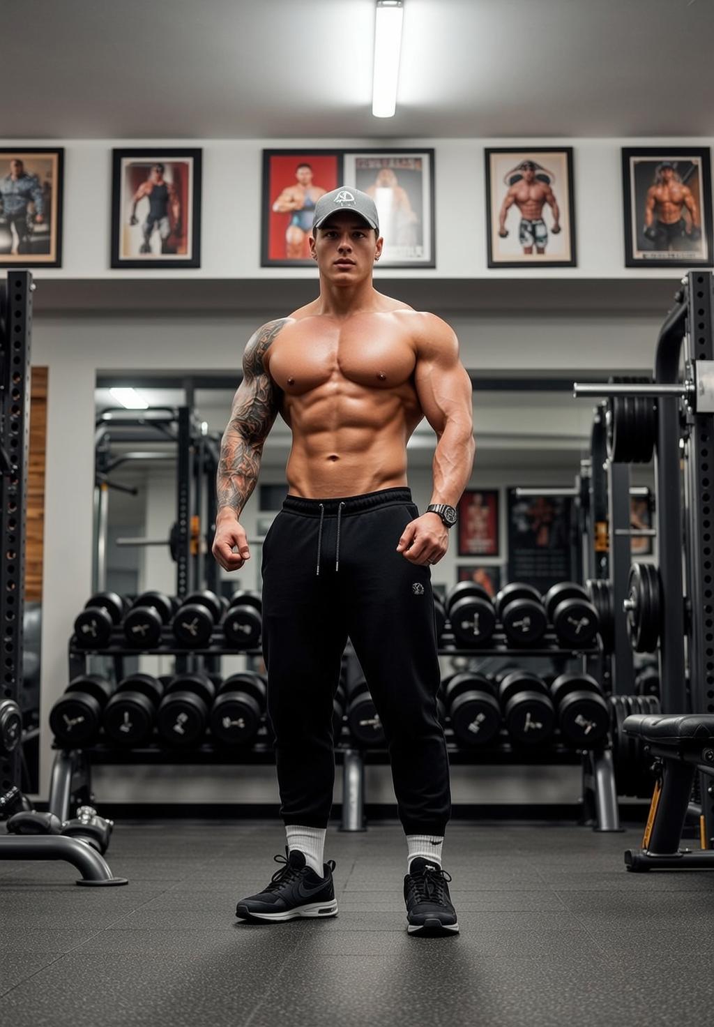 Muscular Short Dark Tanned Black Sweatpants Grey