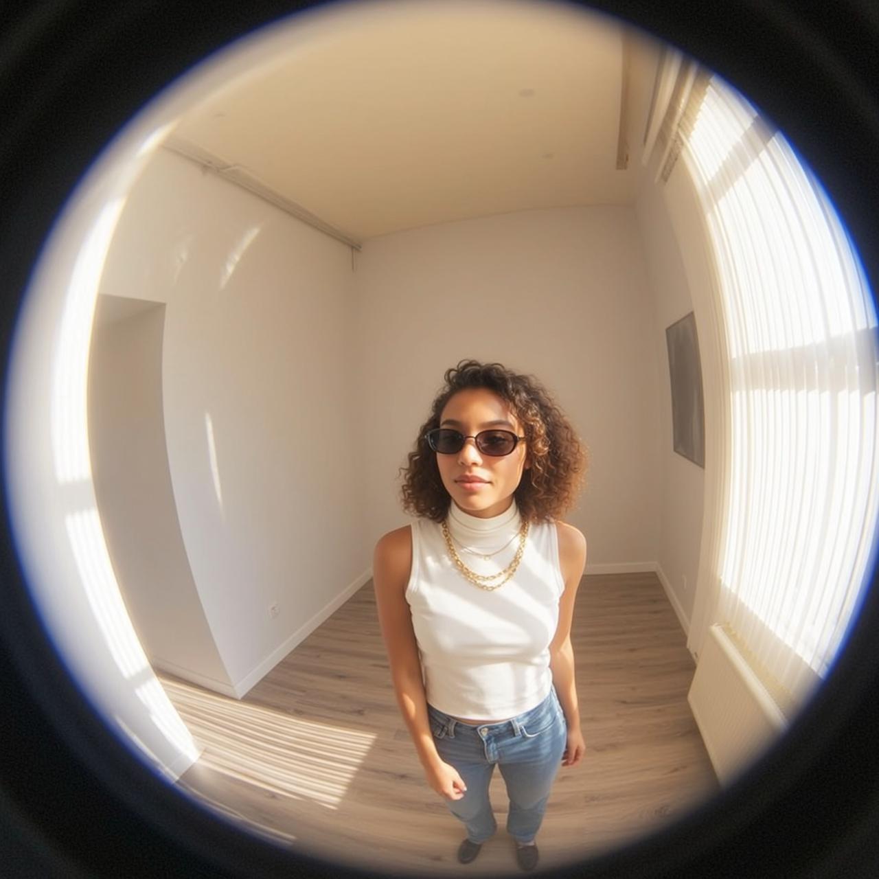 Fisheye Wide Angle Empty Room Woman Sunglasses