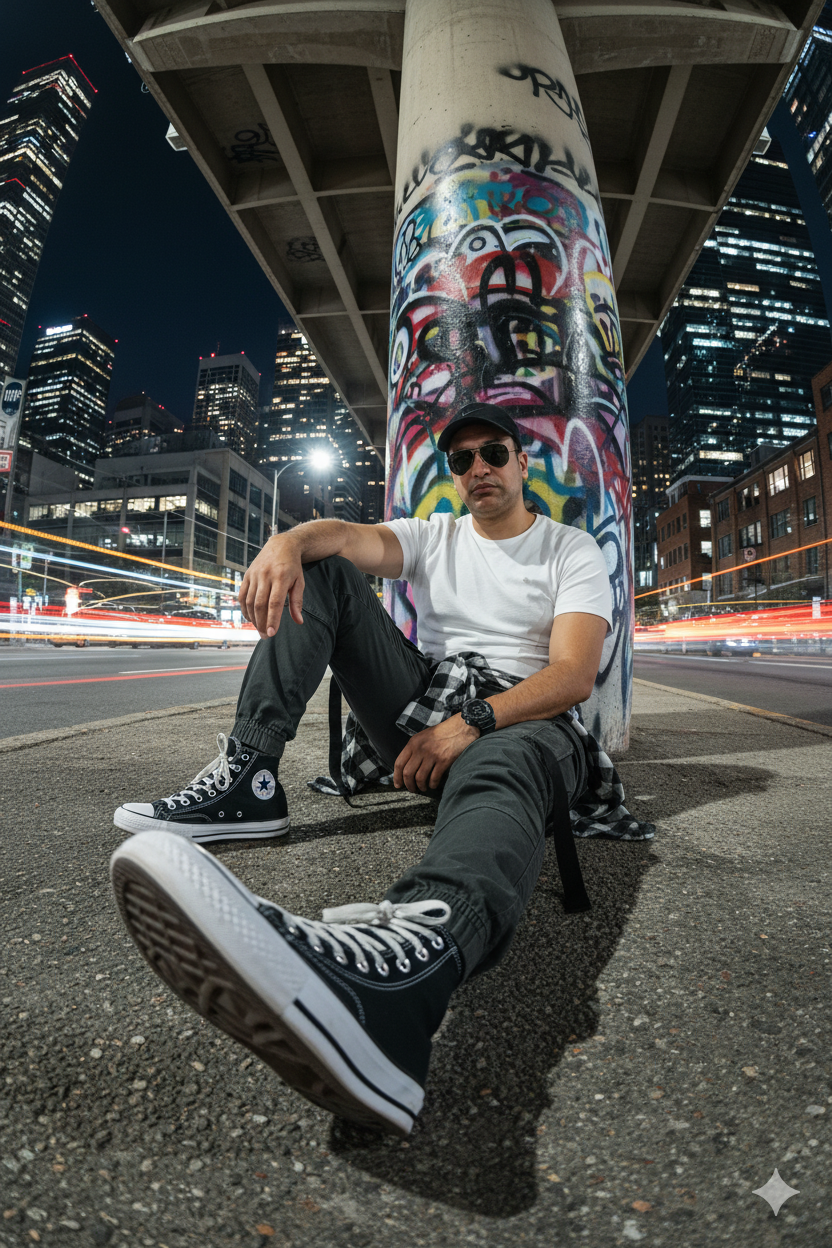 A person wearing a baseball cap and Ray-Ban sunglasses, casually seated on asphalt under a graffiti-covered concrete pillar at night in a vibrant urban scene.