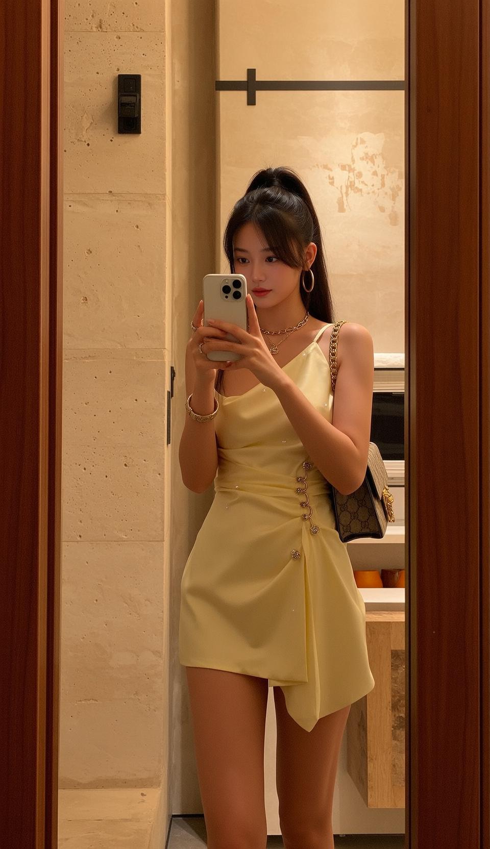 Yellow Slip Dress Mirror Selfie