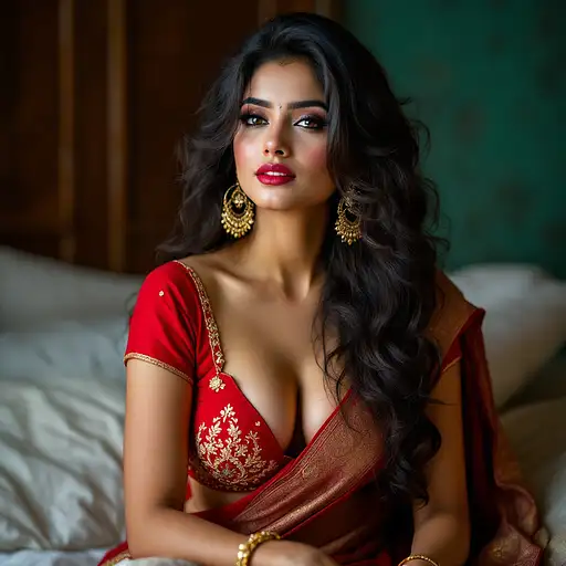 Young Indian aunty in a blouse on a stylish bed, showcasing glamour and elegance.