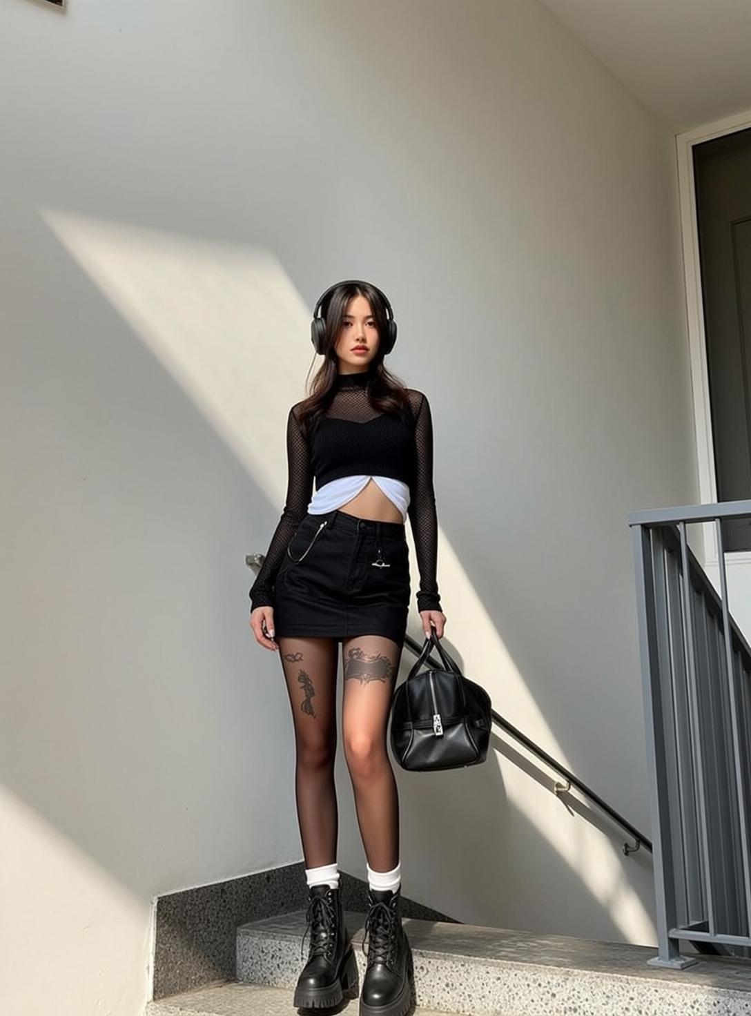 Baddie Stands Facing Forward Concrete Staircase Her