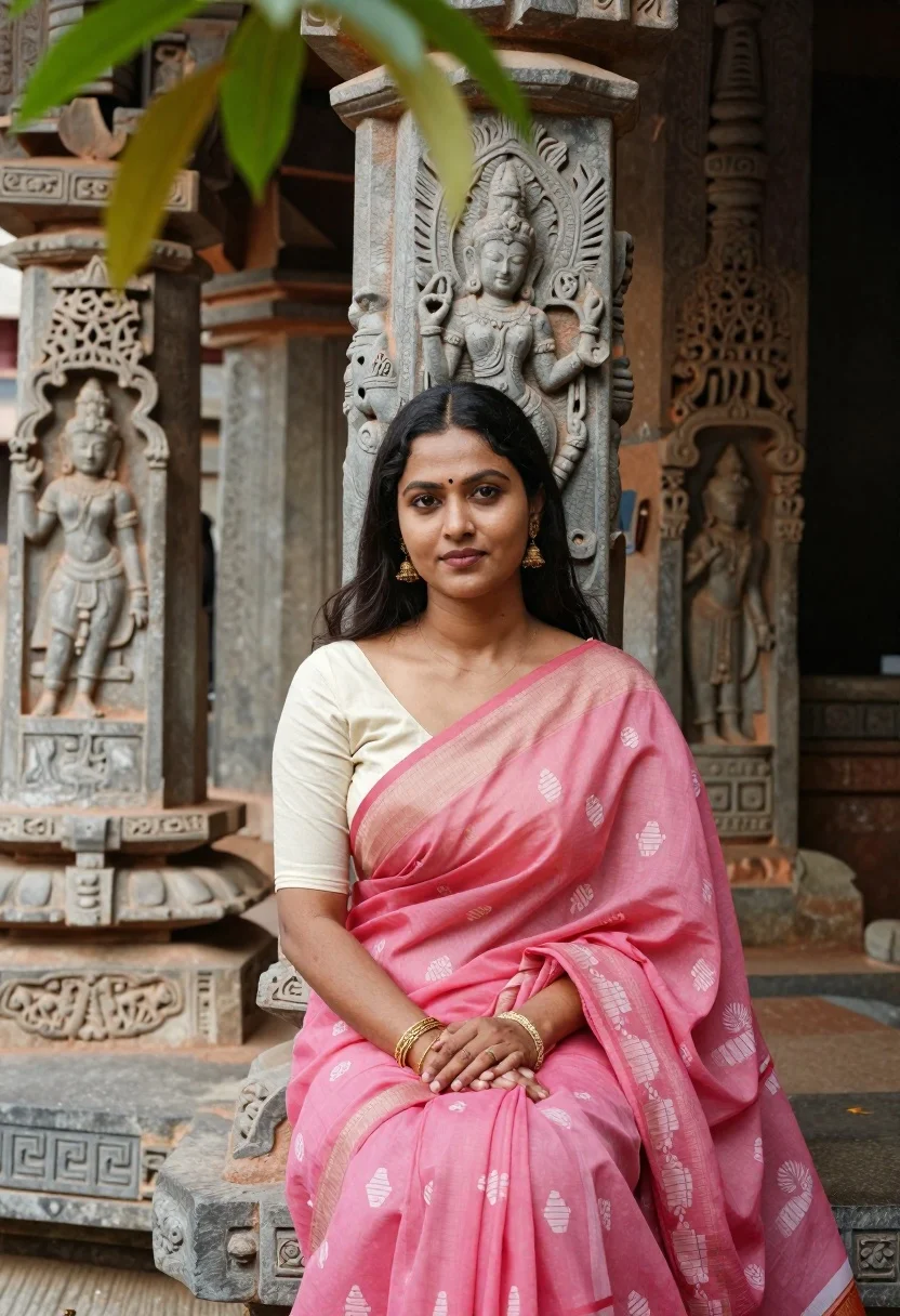 Woman Sits Gracefully Front Ancient Stone Temple Structure With Intricate reference photo