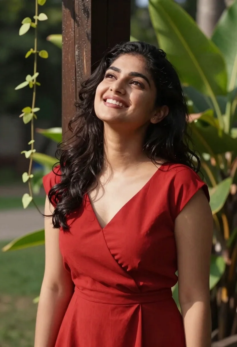 Smiling Woman With Dark Hair Wearing Red Dress Stands Garden reference photo