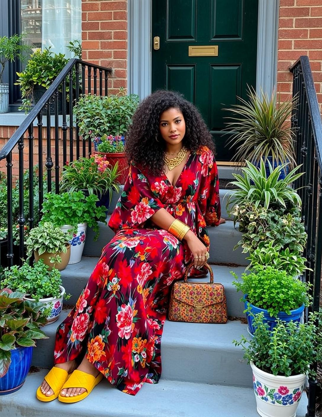 Floral Dress Front Steps Pose