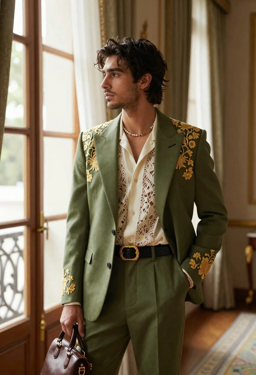 Handsome young man with dark wavy hair and stubble stands in a luxurious interior by a window, soft daylight enhancing the scene.