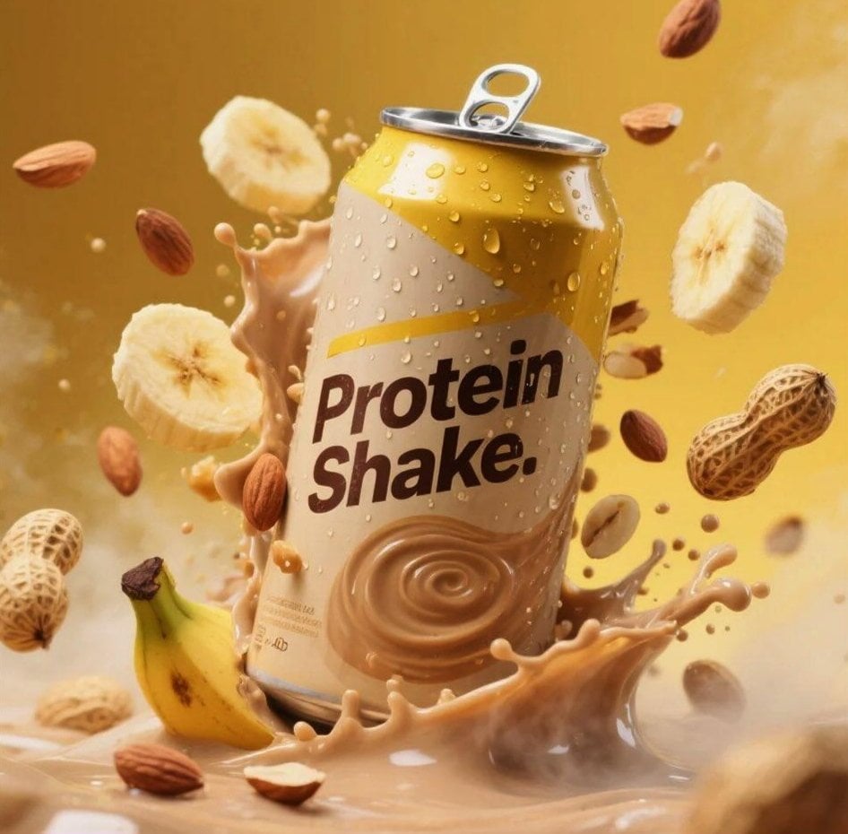 A hyper-realistic protein shake can with banana slices, almonds, and peanuts, surrounded by a dynamic milk splash.