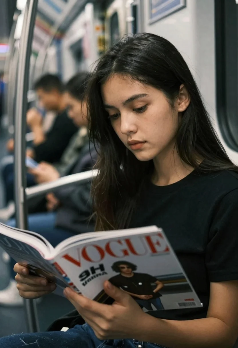 Candid Cinematic Portrait Young Woman Sitting Subway Train Holding Open