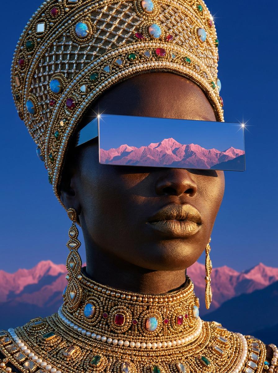 Surreal Luxury Couture Portrait Cobalt Sky Mountain Panel