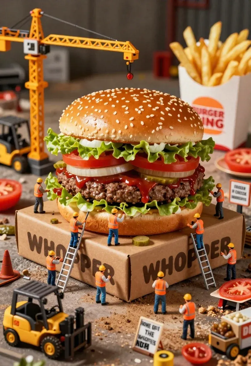 Massive Whopper Burger Being Constructed Bustling Construction Site Miniature Workers