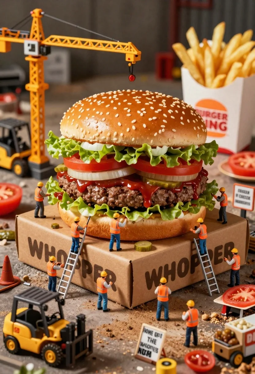 Massive Whopper Burger Being Constructed Bustling Construction Site Miniature Workers