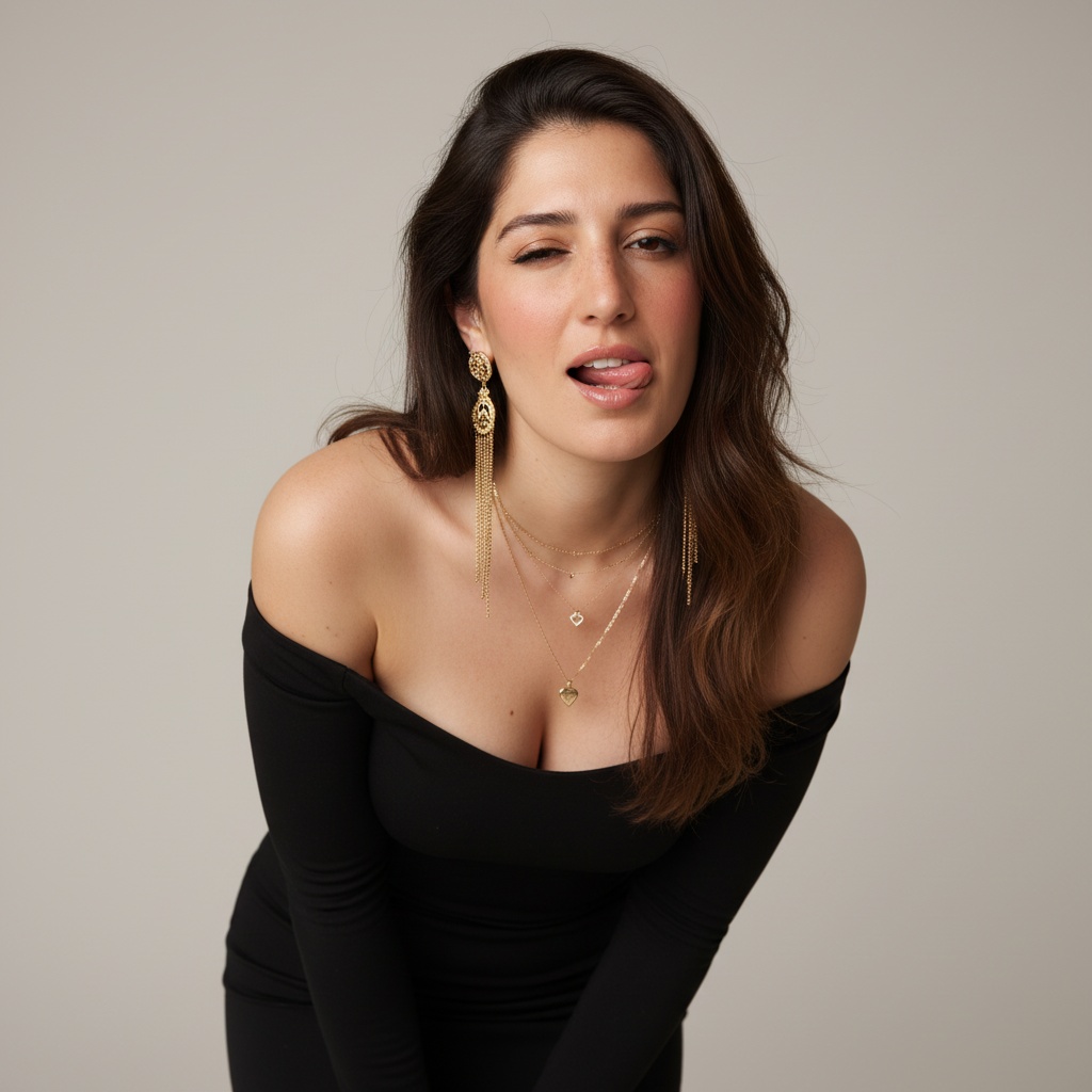 A woman in a sleek off-shoulder black dress winking playfully, surrounded by soft neutral tones, showcasing her long hair and gold accessories.