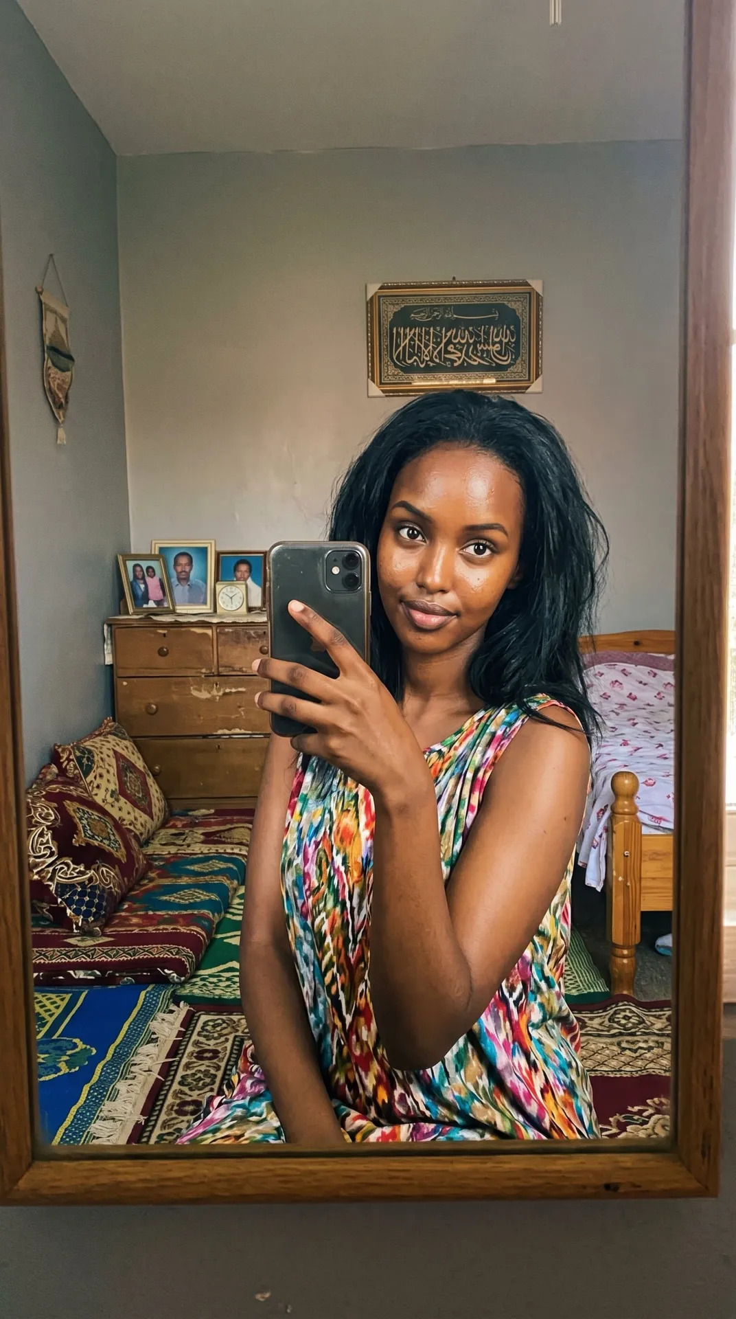 Mirror Selfie In Bedroom With Ikat Dress
