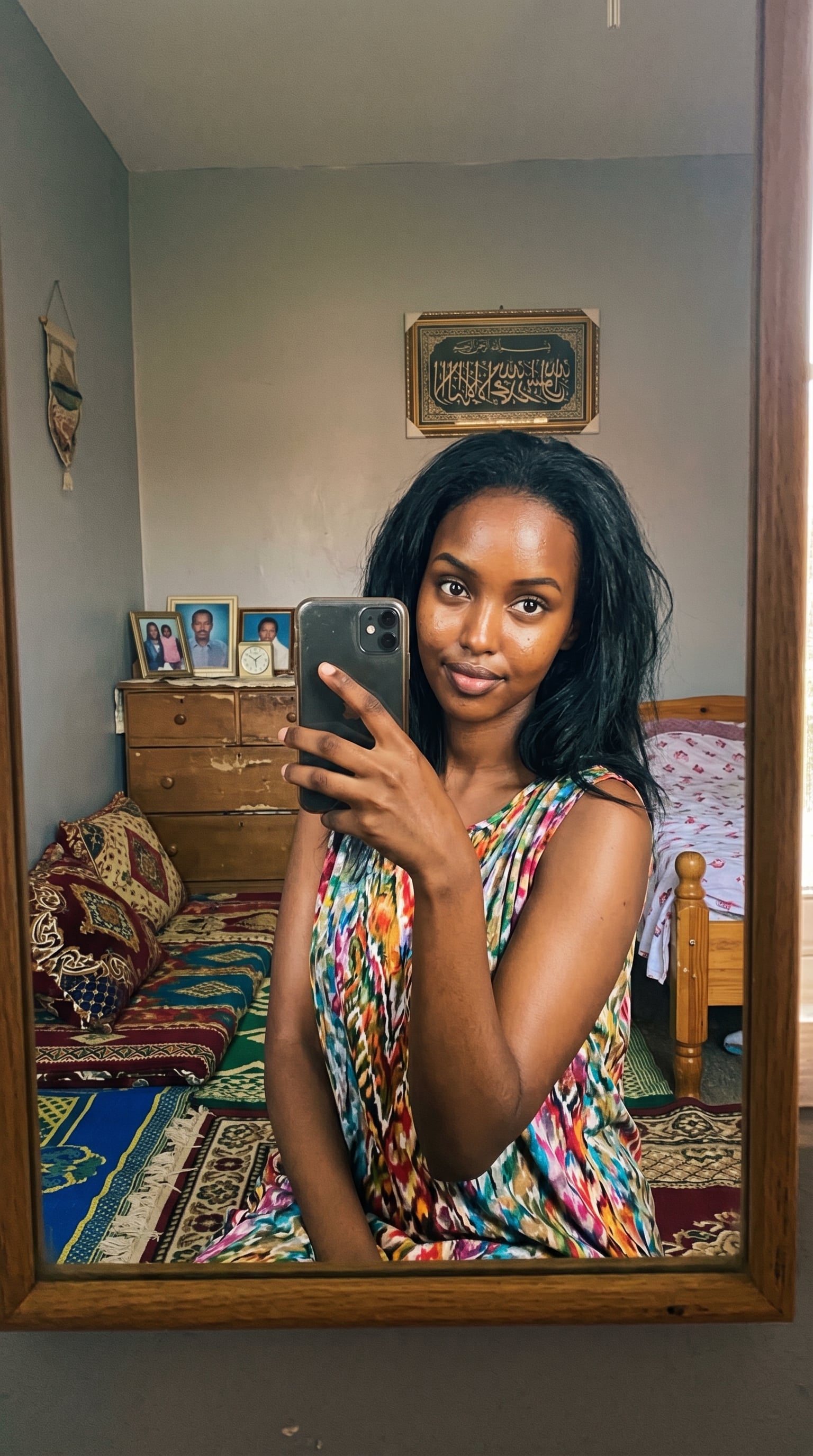 Mirror Selfie In Bedroom With Ikat Dress