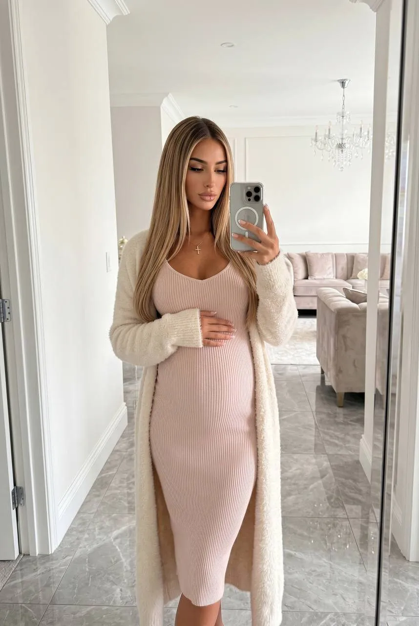 Pregnant Woman Mirror Selfie Pale Pink Dress Hallway