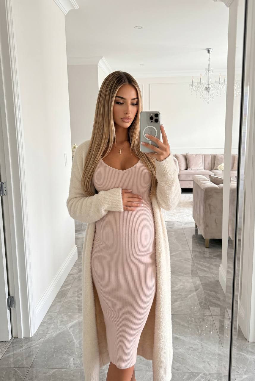 Pregnant woman in pale pink dress standing in a marble hallway, capturing a mirror selfie.