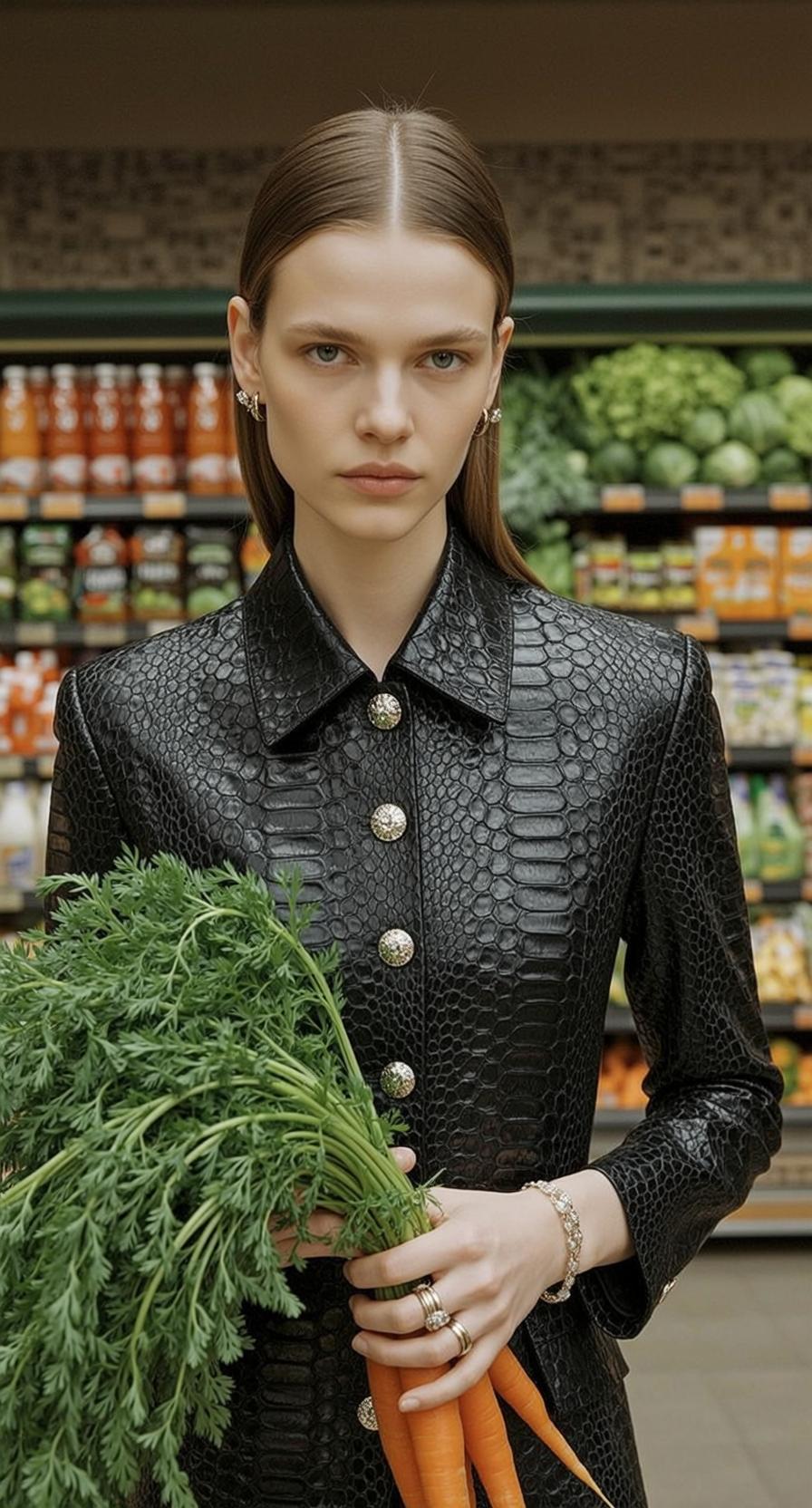 Explore Stands Facing Holding Bunch Carrots Her