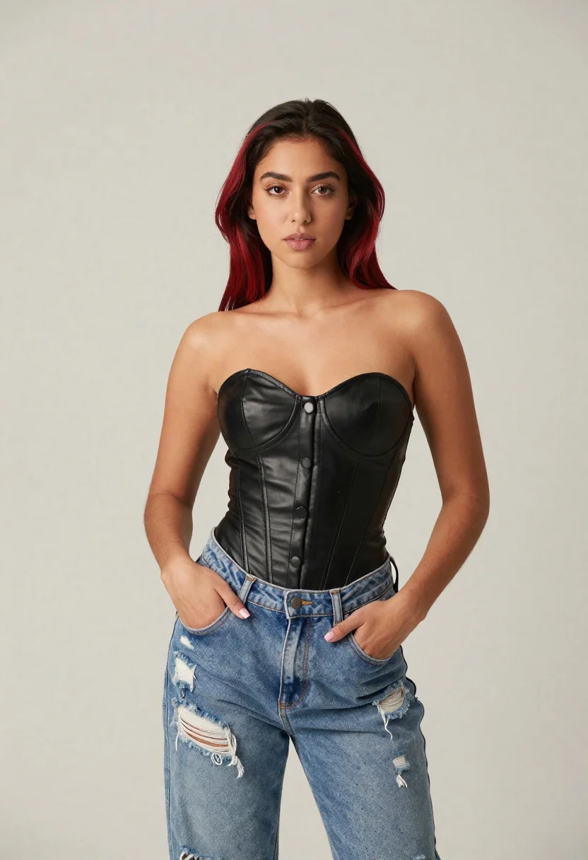 Confident Young Woman With Dark Hair Featuring Red Highlights Stands reference photo