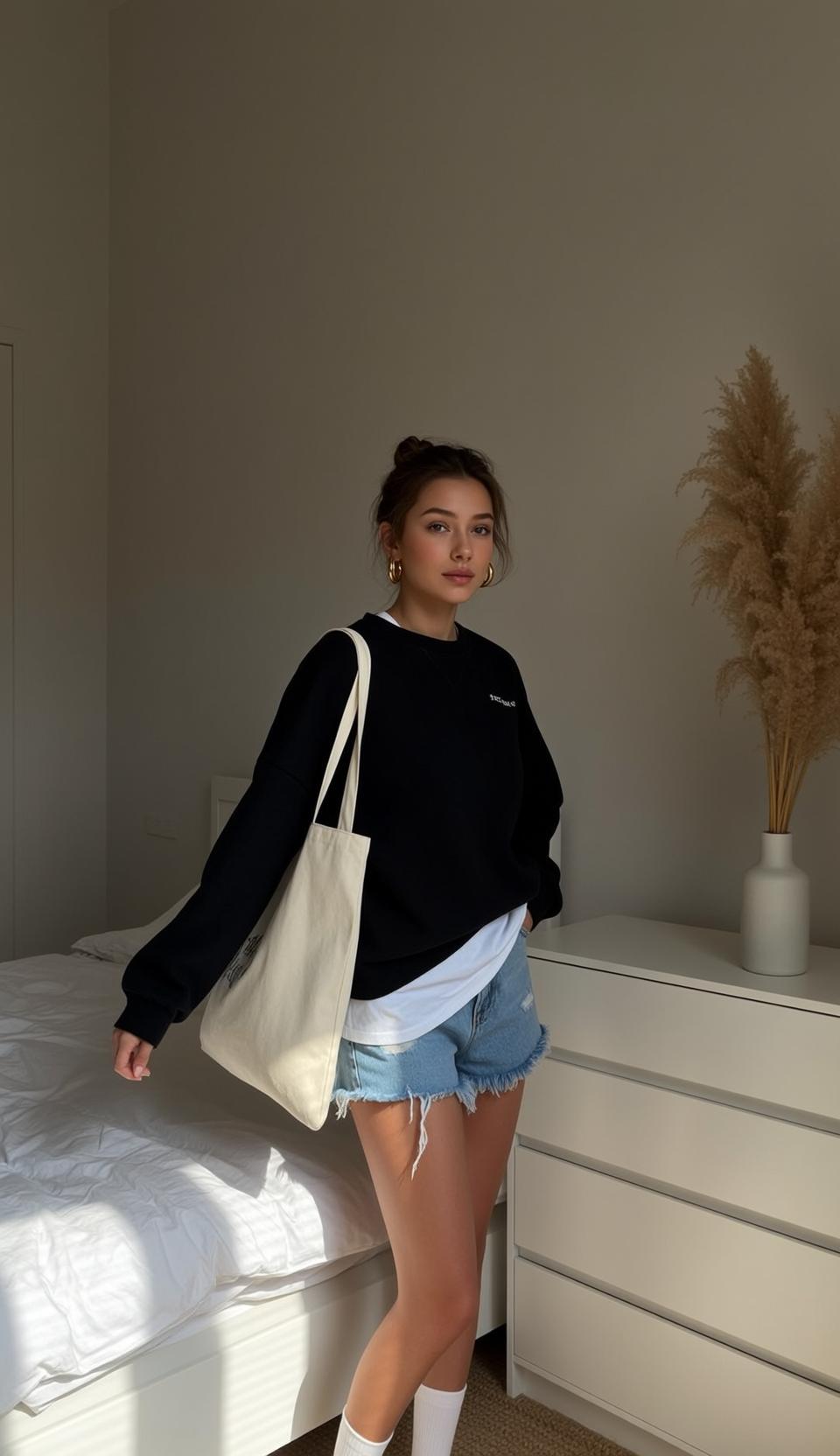 Black Sweatshirt and Denim Shorts Bedroom