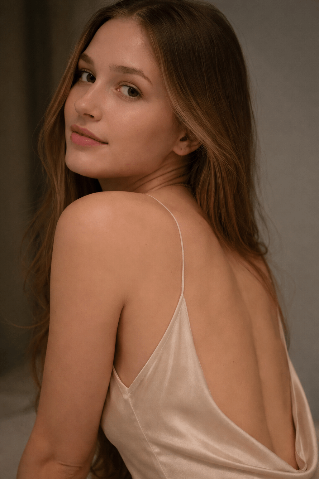 Close-up of a woman in a champagne silk slip dress with flowing hair, smiling gently over her left shoulder, softly lit in a blurred interior.